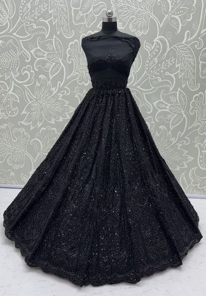 Black Pure Heavy Net Motif Handwork Zari Sequins Work Bridal Lehenga Choli