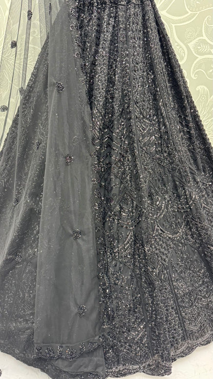 Black Pure Heavy Net Motif Handwork Zari Sequins Work Bridal Lehenga Choli