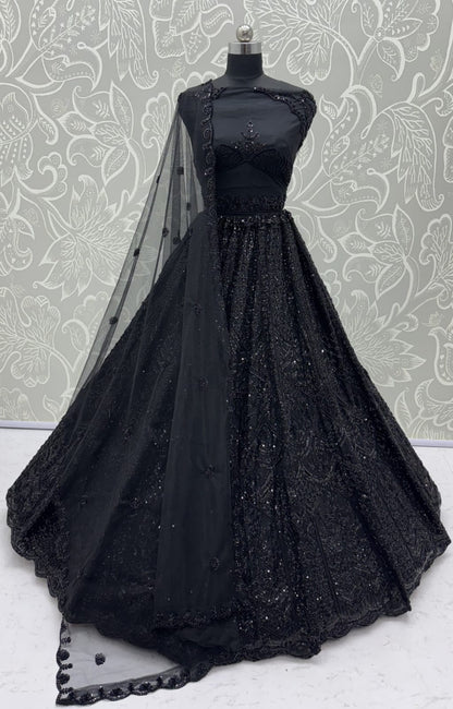 Black Pure Heavy Net Motif Handwork Zari Sequins Work Bridal Lehenga Choli
