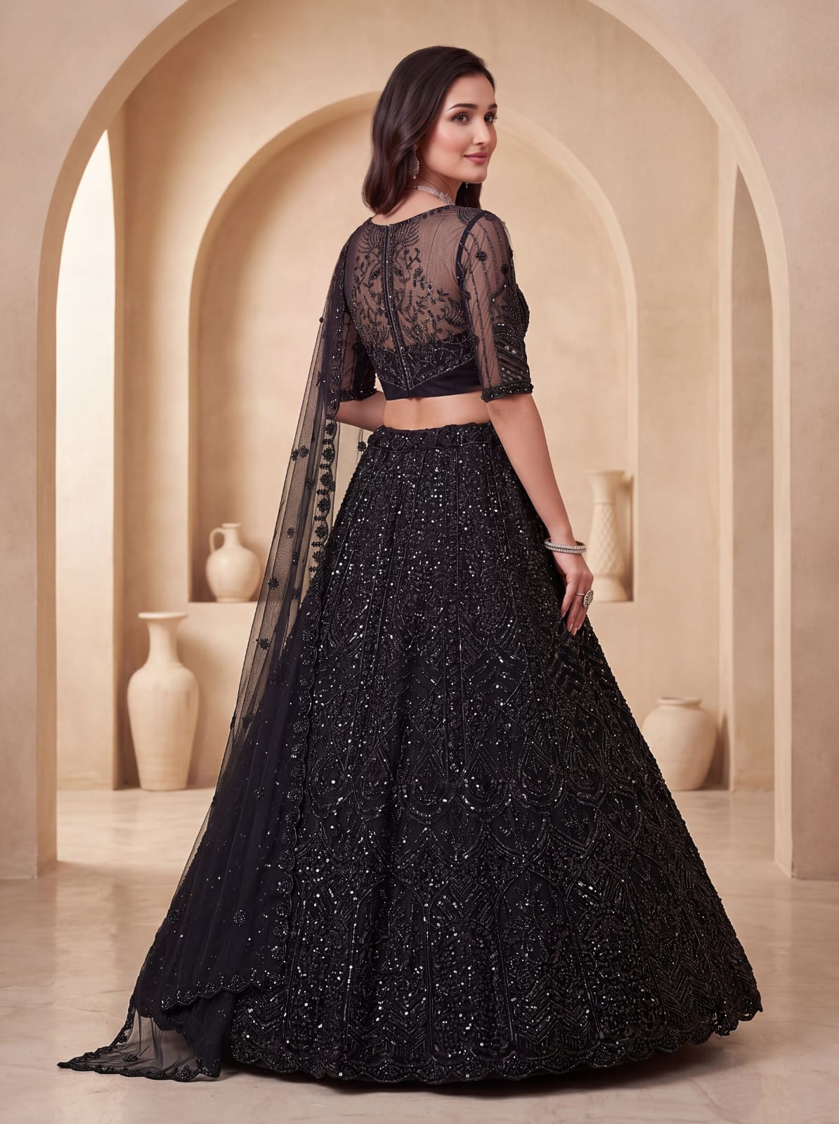 Black Pure Heavy Net Motif Handwork Zari Sequins Work Bridal Lehenga Choli