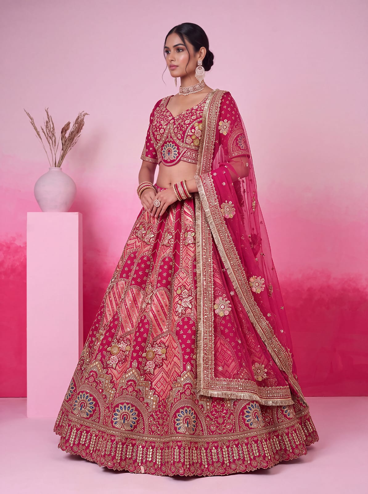 Pink Pure Soft Gadhwal Silk Heavy Embroidery Work Bridal Lehenga Choli