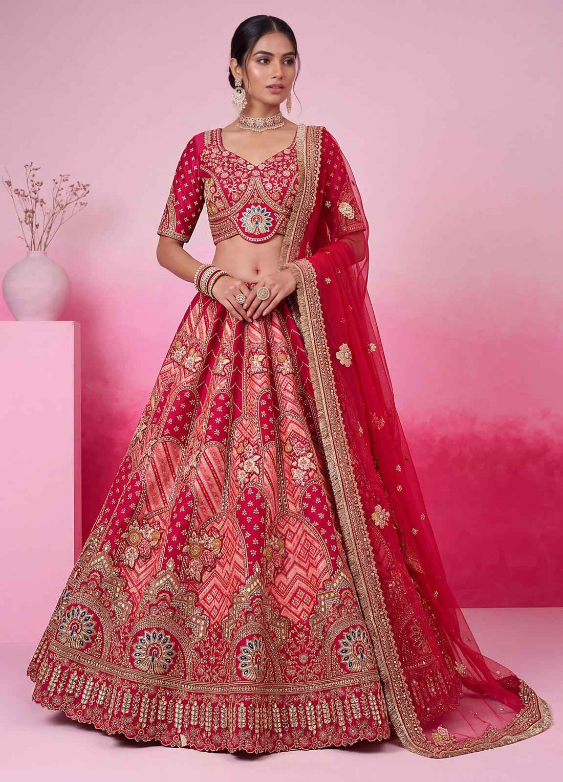 Pink Pure Soft Gadhwal Silk Heavy Embroidery Work Bridal Lehenga Choli