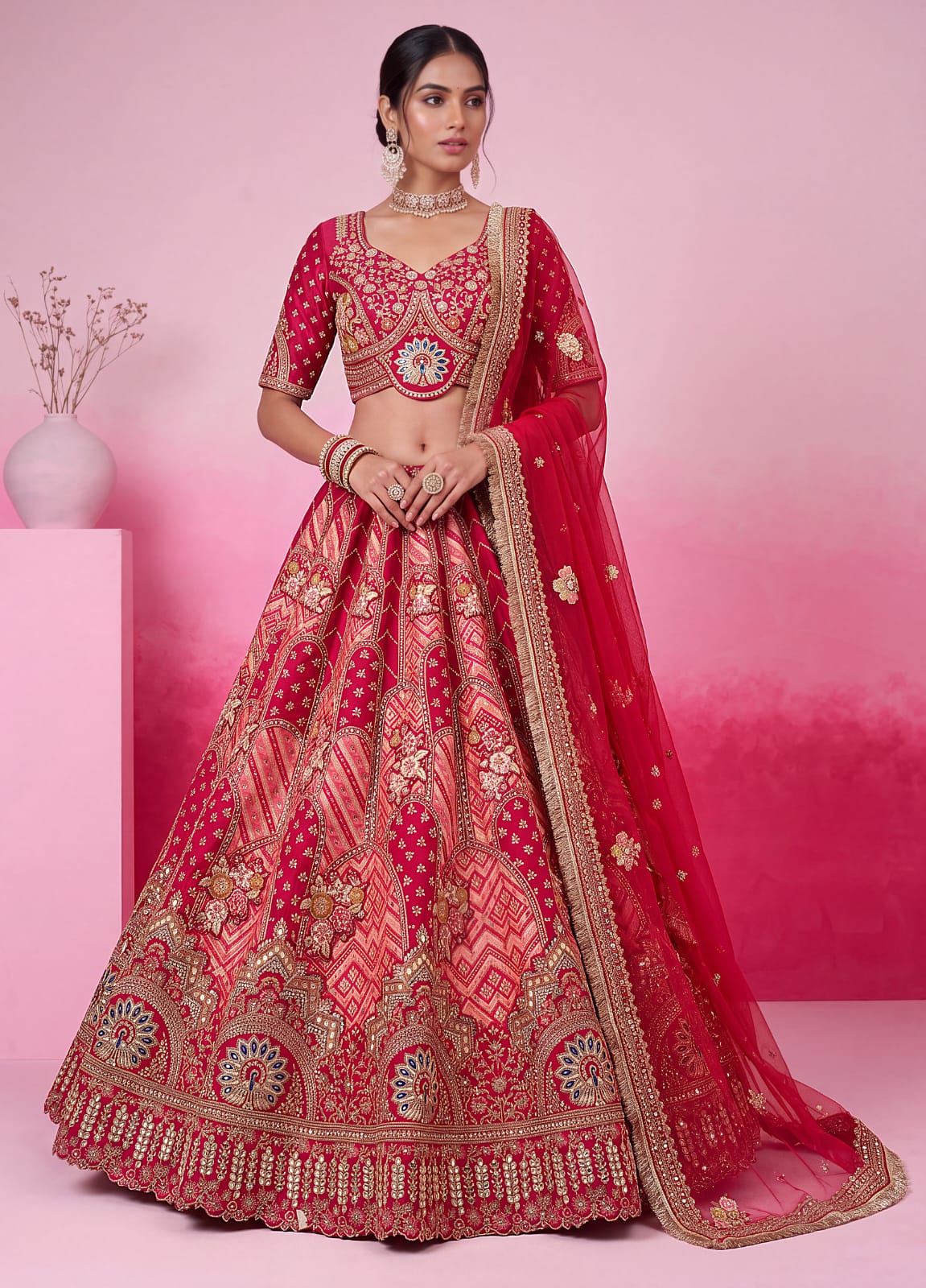 Pink Pure Soft Gadhwal Silk Heavy Embroidery Work Bridal Lehenga Choli
