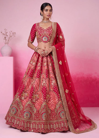 Pink Pure Soft Gadhwal Silk Heavy Embroidery Work Bridal Lehenga Choli
