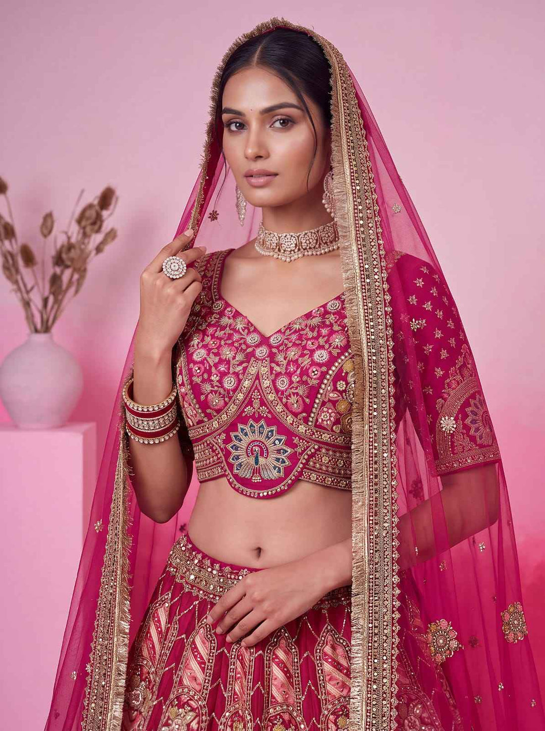 Pink Pure Soft Gadhwal Silk Heavy Embroidery Work Bridal Lehenga Choli