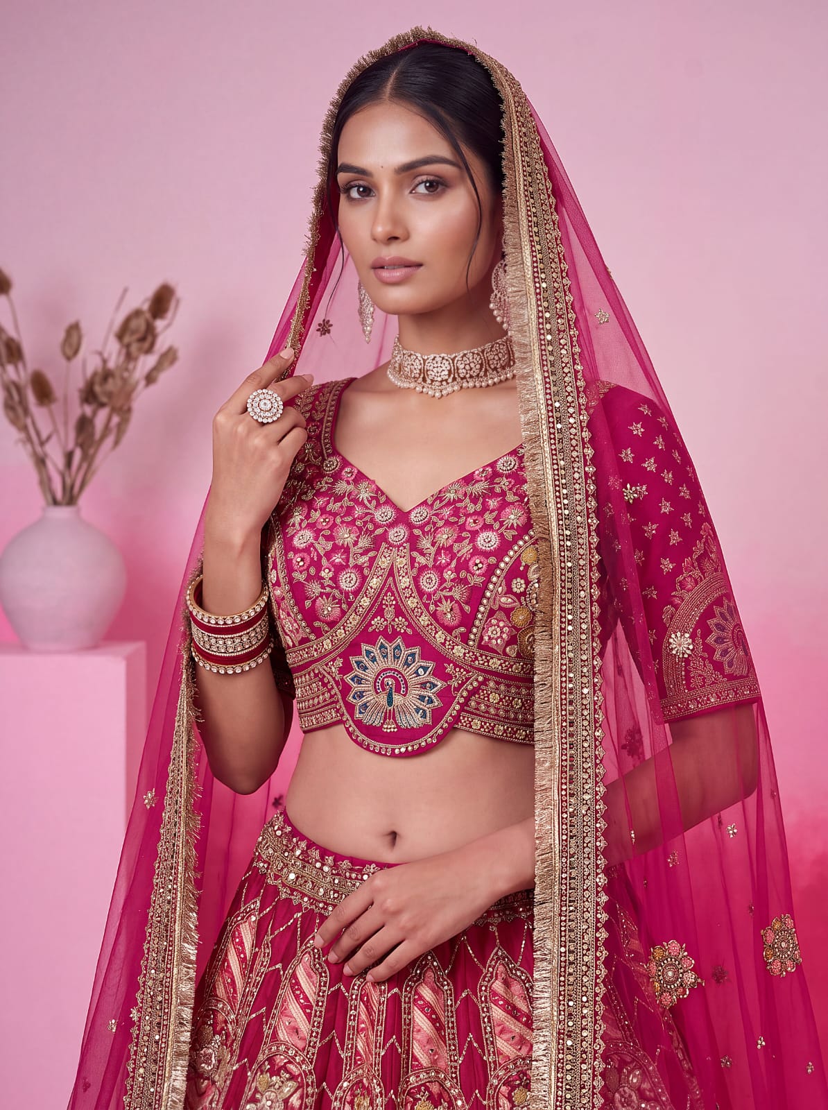 Pink Pure Soft Gadhwal Silk Heavy Embroidery Work Bridal Lehenga Choli