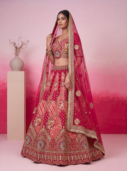Pink Pure Soft Gadhwal Silk Heavy Embroidery Work Bridal Lehenga Choli