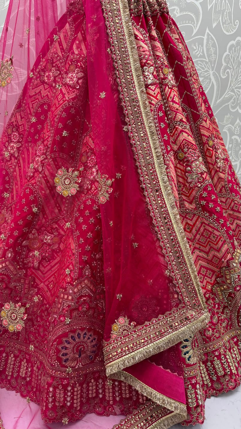 Pink Pure Soft Gadhwal Silk Heavy Embroidery Work Bridal Lehenga Choli