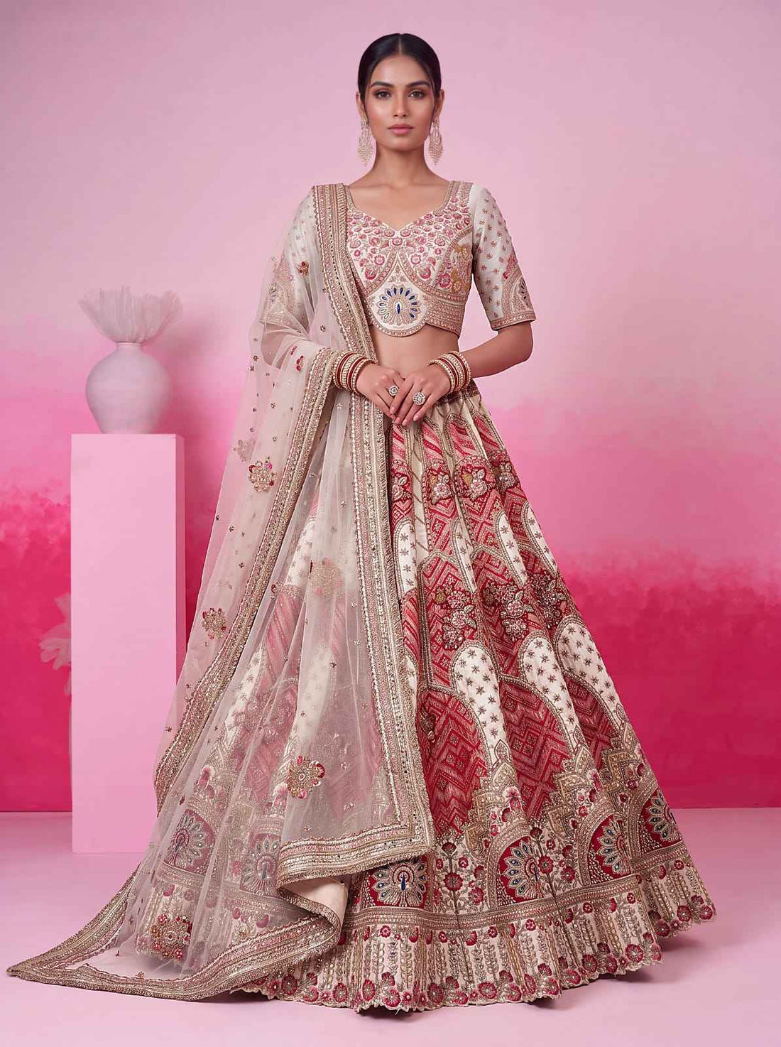 White Pure Soft Gadhwal Silk Heavy Embroidery Work Bridal Lehenga Choli