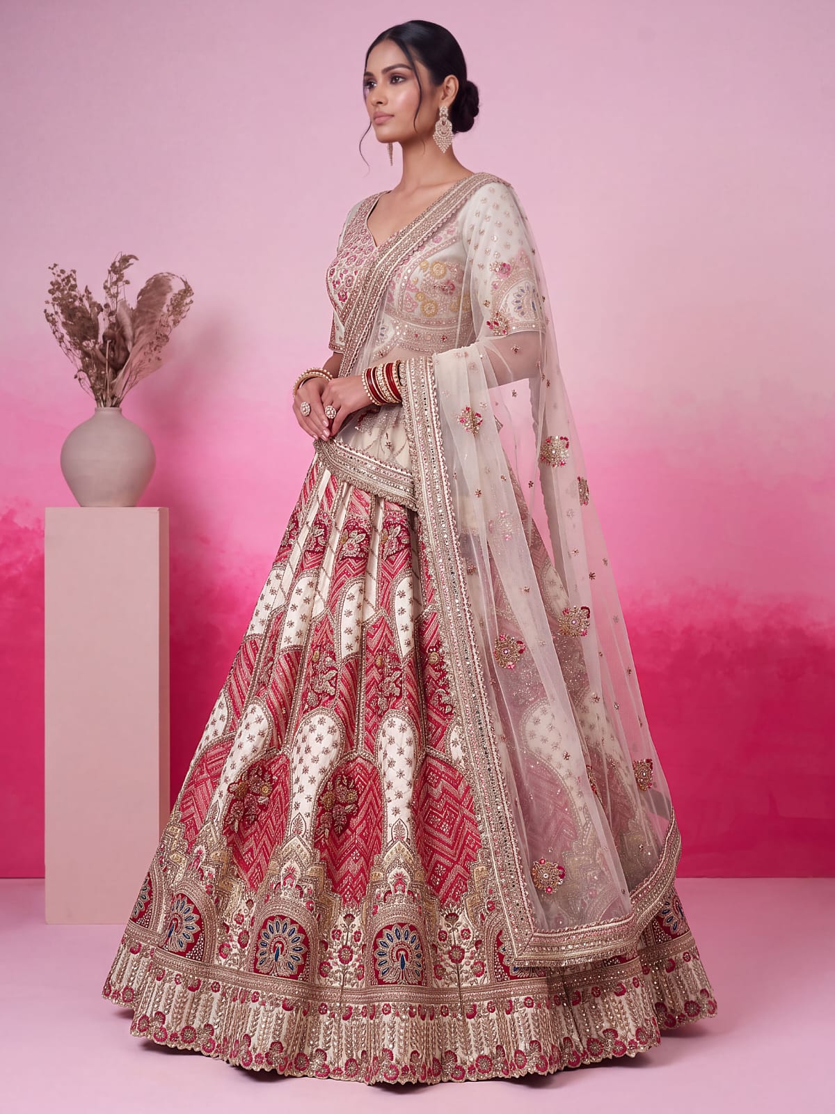 White Pure Soft Gadhwal Silk Heavy Embroidery Work Bridal Lehenga Choli