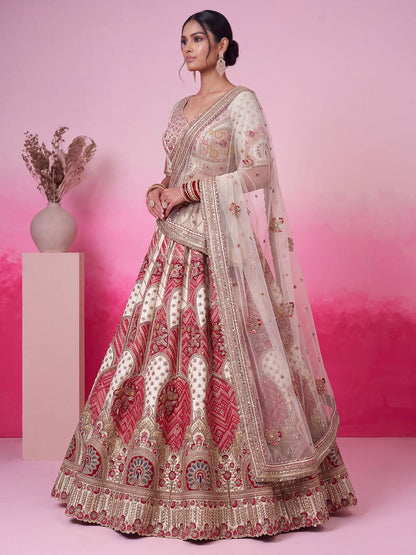 White Pure Soft Gadhwal Silk Heavy Embroidery Work Bridal Lehenga Choli