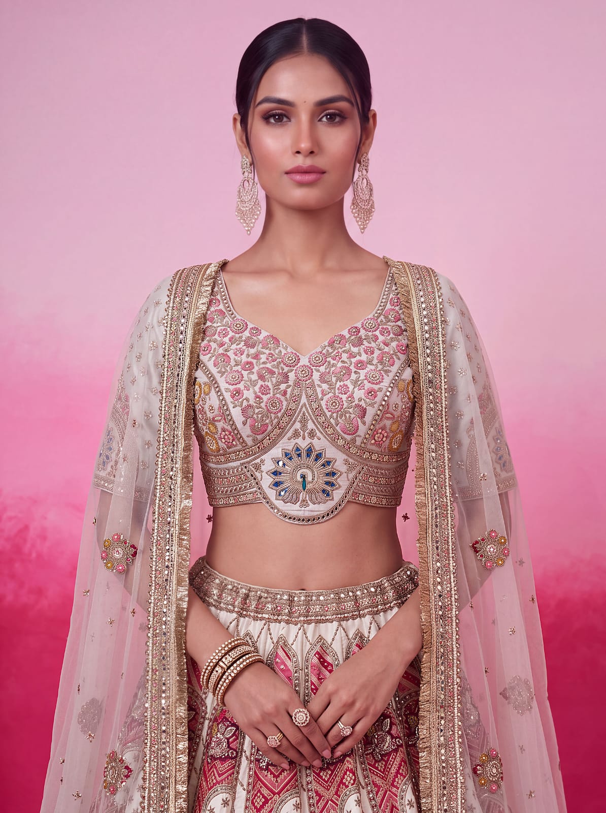 White Pure Soft Gadhwal Silk Heavy Embroidery Work Bridal Lehenga Choli
