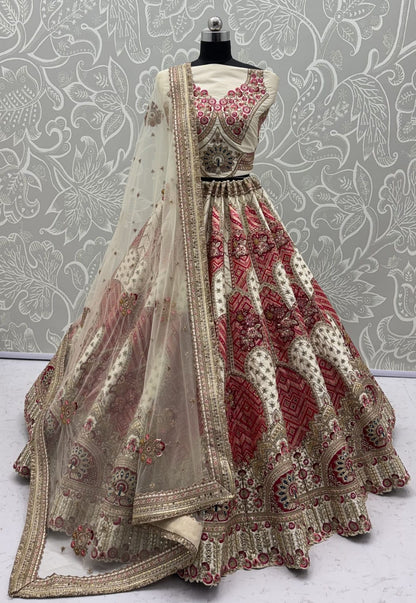 White Pure Soft Gadhwal Silk Heavy Embroidery Work Bridal Lehenga Choli