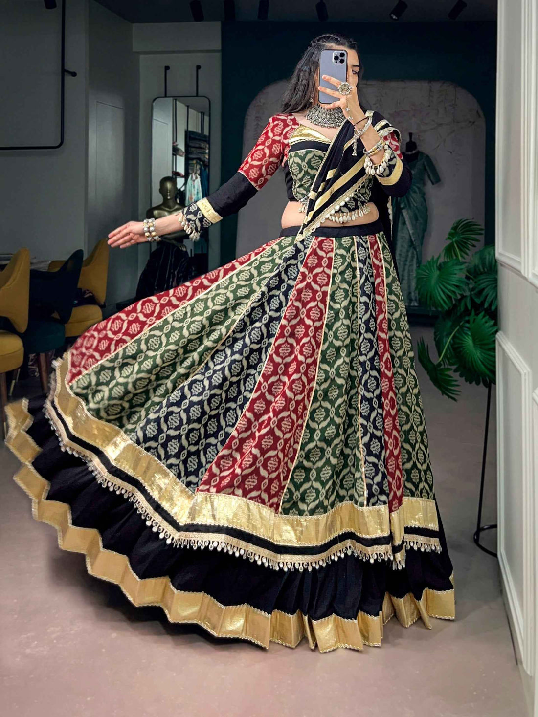 Multi Pure Reyon Silk Heritage Prints Navratri Lehenga Choli