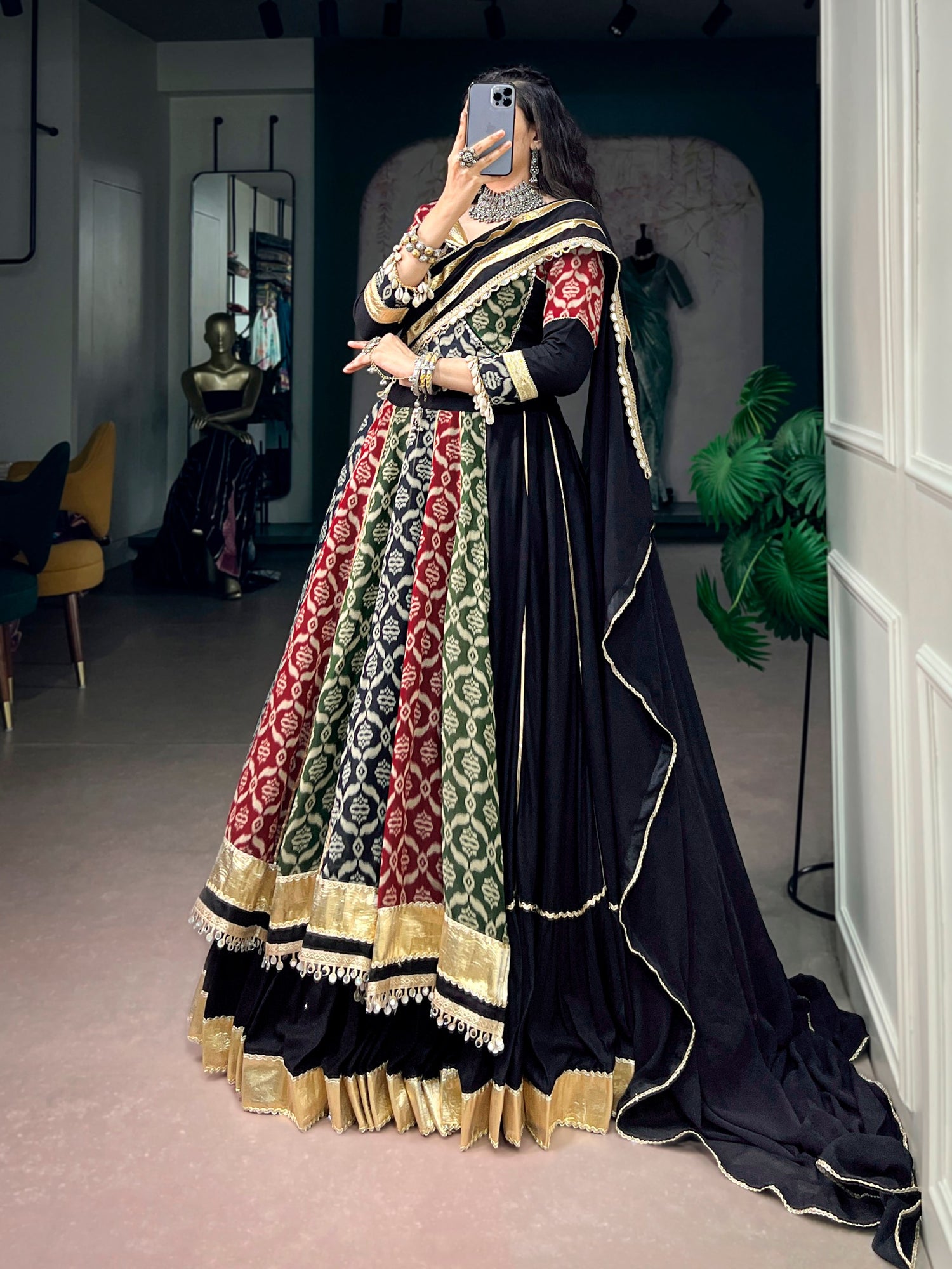 Multi Pure Reyon Silk Heritage Prints Navratri Lehenga Choli