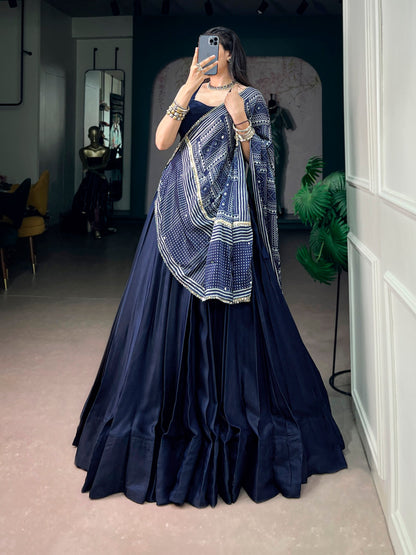 Blue Pure Moonga Silk  Beautiful Printed Navratri Lehenga Choli