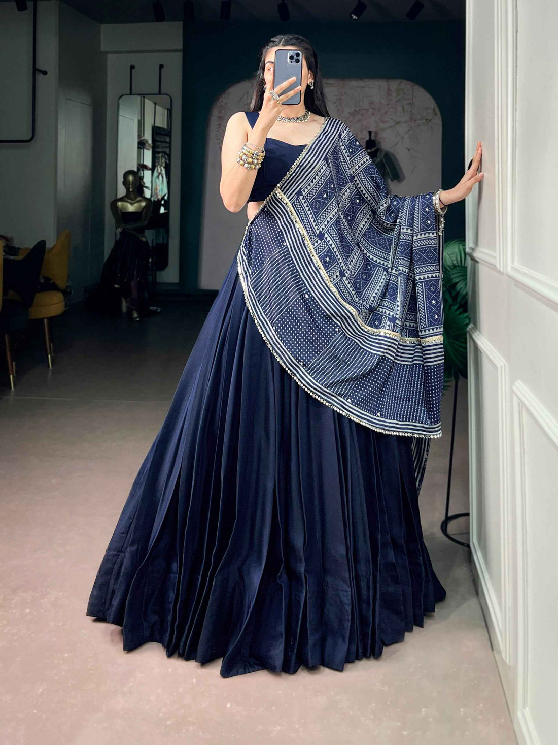 Blue Pure Moonga Silk  Beautiful Printed Navratri Lehenga Choli