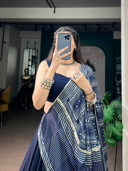 Blue Pure Moonga Silk  Beautiful Printed Navratri Lehenga Choli