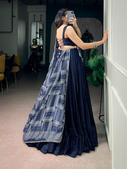 Blue Pure Moonga Silk  Beautiful Printed Navratri Lehenga Choli