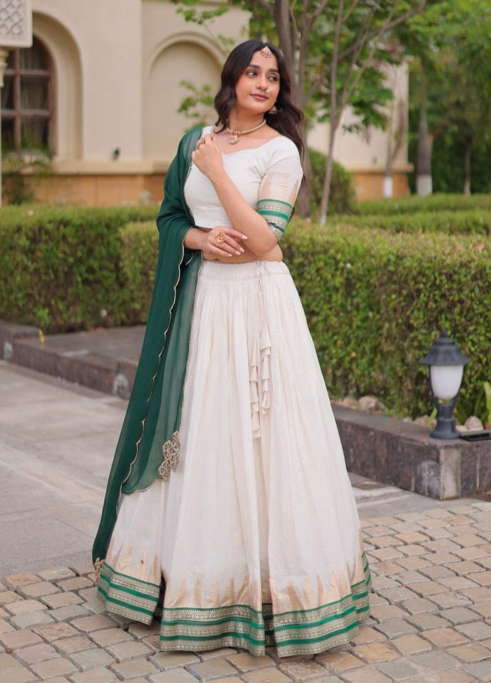 Green Pure Viscose Jacquard Checks With Zari Temple Weaving Work Navratri Lehenga Choli