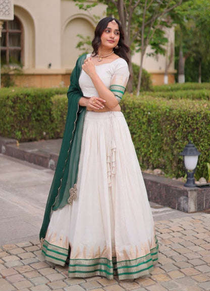 Green Pure Viscose Jacquard Checks With Zari Temple Weaving Work Navratri Lehenga Choli