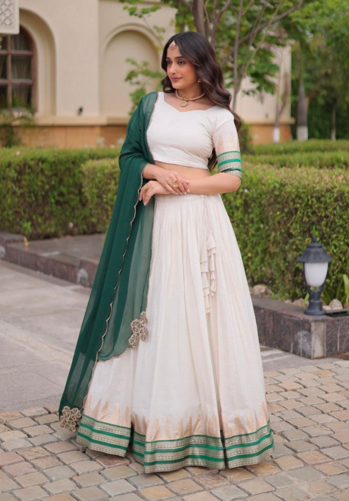 Green Pure Viscose Jacquard Checks With Zari Temple Weaving Work Navratri Lehenga Choli