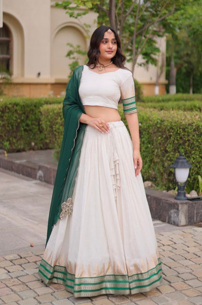 Green Pure Viscose Jacquard Checks With Zari Temple Weaving Work Navratri Lehenga Choli