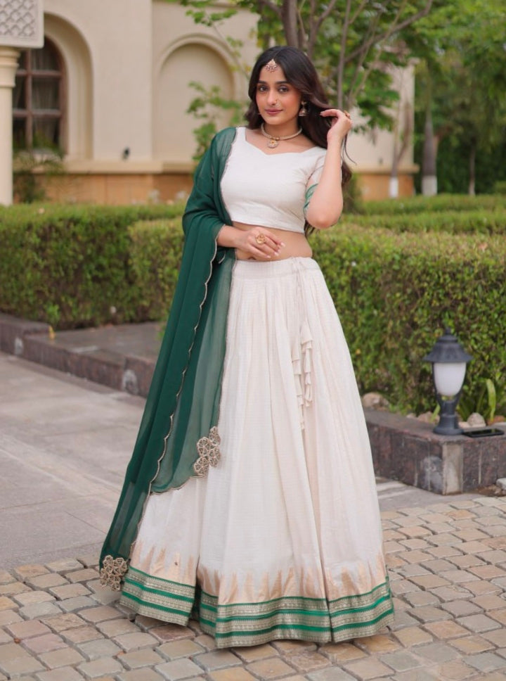 Green Pure Viscose Jacquard Checks With Zari Temple Weaving Work Navratri Lehenga Choli
