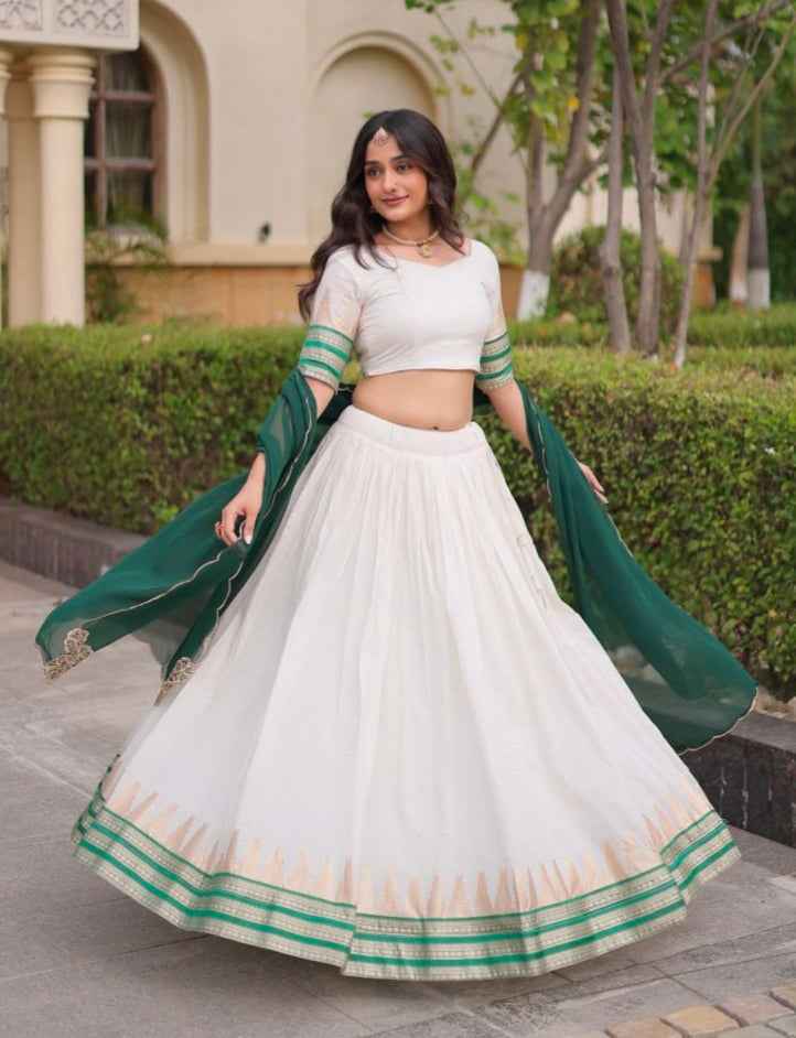 Green Pure Viscose Jacquard Checks With Zari Temple Weaving Work Navratri Lehenga Choli