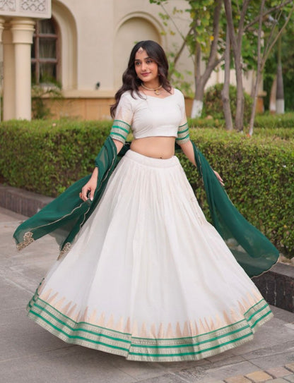 Green Pure Viscose Jacquard Checks With Zari Temple Weaving Work Navratri Lehenga Choli