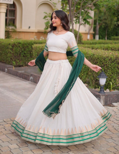 Green Pure Viscose Jacquard Checks With Zari Temple Weaving Work Navratri Lehenga Choli