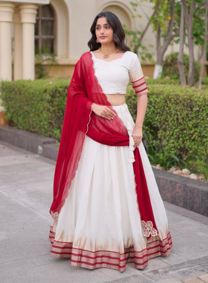 Red Pure Viscose Jacquard Checks With Zari Temple Weaving Work Navratri Lehenga Choli