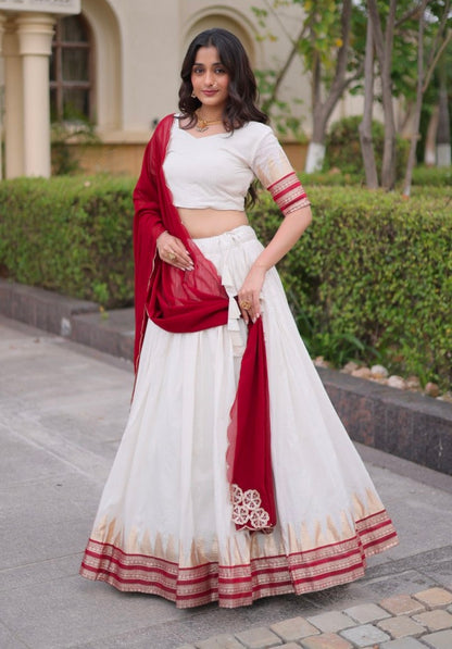 Red Pure Viscose Jacquard Checks With Zari Temple Weaving Work Navratri Lehenga Choli