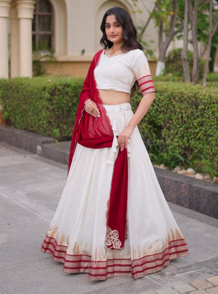 Red Pure Viscose Jacquard Checks With Zari Temple Weaving Work Navratri Lehenga Choli