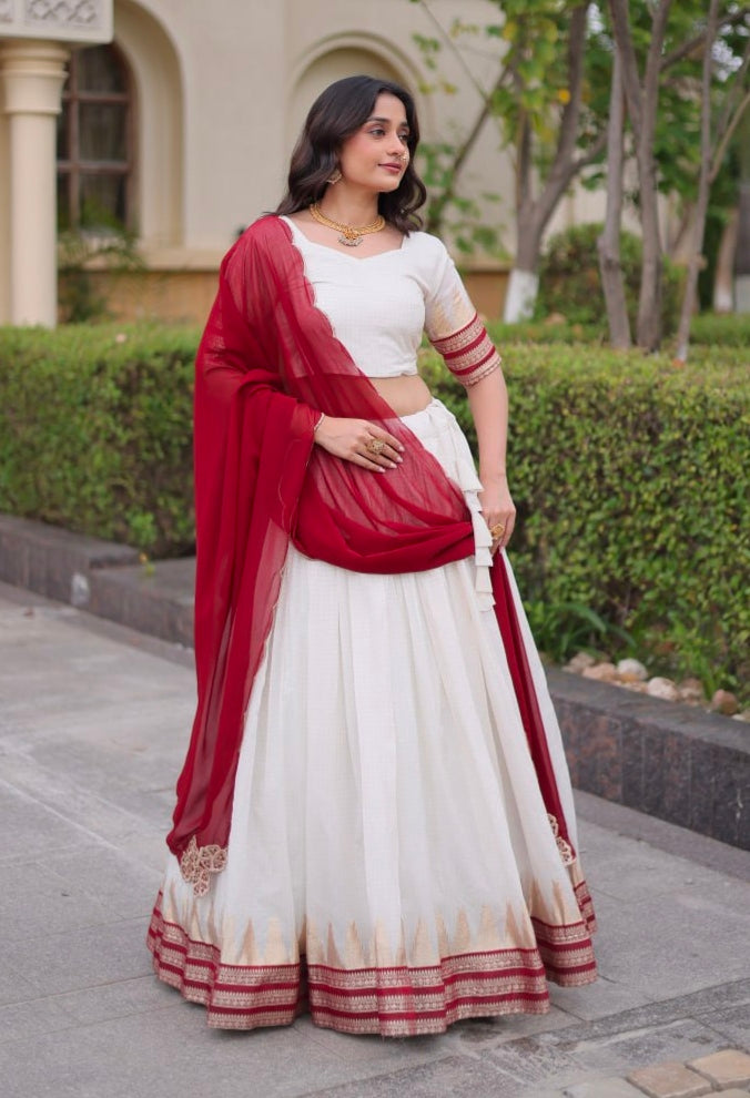 Red Pure Viscose Jacquard Checks With Zari Temple Weaving Work Navratri Lehenga Choli