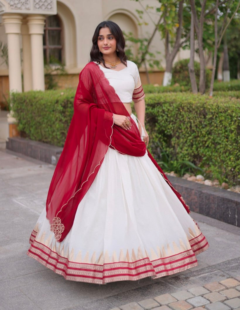 Red Pure Viscose Jacquard Checks With Zari Temple Weaving Work Navratri Lehenga Choli
