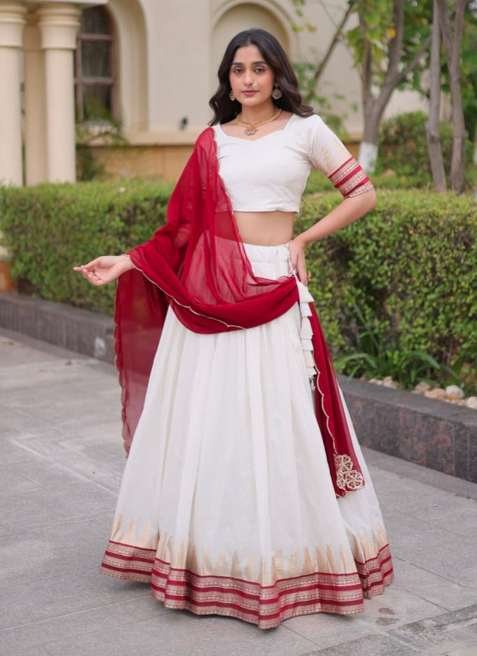 Red Pure Viscose Jacquard Checks With Zari Temple Weaving Work Navratri Lehenga Choli