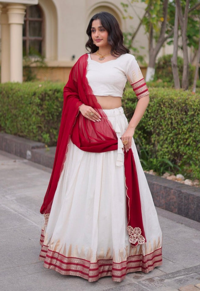 Red Pure Viscose Jacquard Checks With Zari Temple Weaving Work Navratri Lehenga Choli