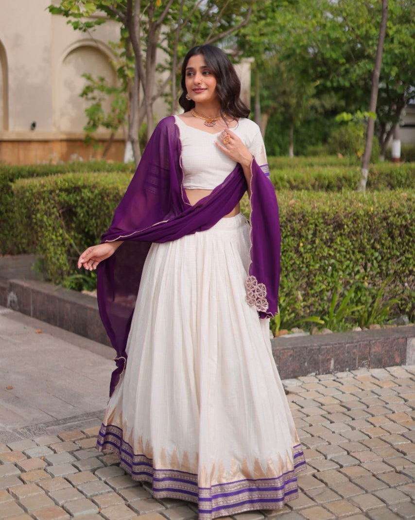Purple Pure Viscose Jacquard Checks With Zari Temple Weaving Work Navratri Lehenga Choli