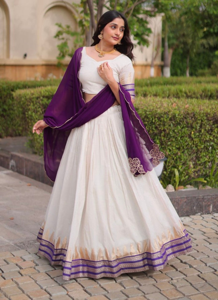 Purple Pure Viscose Jacquard Checks With Zari Temple Weaving Work Navratri Lehenga Choli
