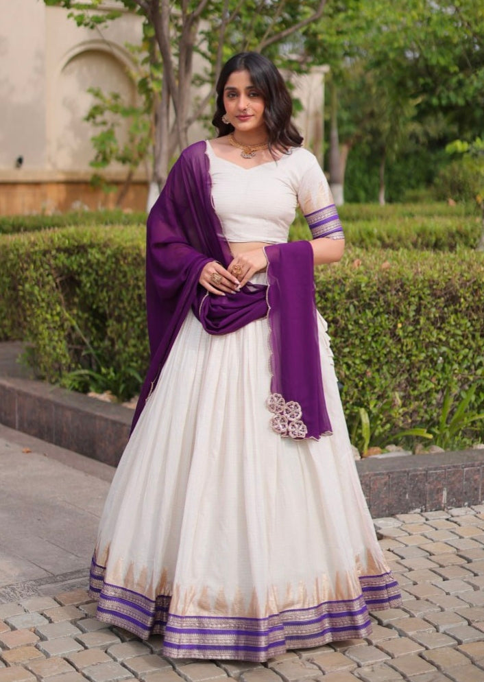 Purple Pure Viscose Jacquard Checks With Zari Temple Weaving Work Navratri Lehenga Choli