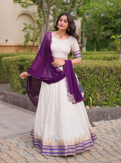 Purple Pure Viscose Jacquard Checks With Zari Temple Weaving Work Navratri Lehenga Choli