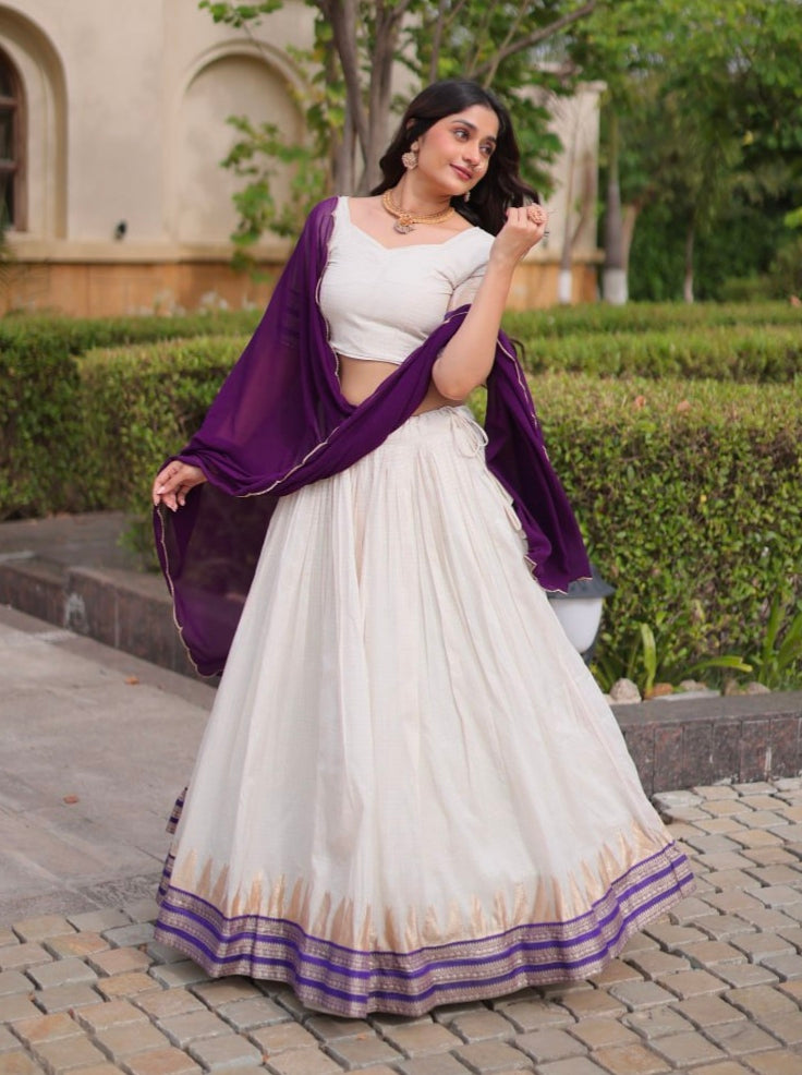 Purple Pure Viscose Jacquard Checks With Zari Temple Weaving Work Navratri Lehenga Choli
