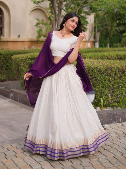 Purple Pure Viscose Jacquard Checks With Zari Temple Weaving Work Navratri Lehenga Choli