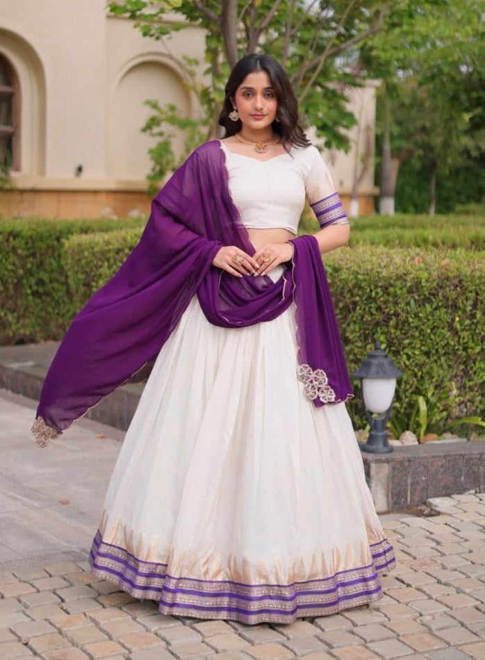 Purple Pure Viscose Jacquard Checks With Zari Temple Weaving Work Navratri Lehenga Choli