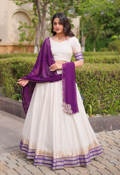 Purple Pure Viscose Jacquard Checks With Zari Temple Weaving Work Navratri Lehenga Choli