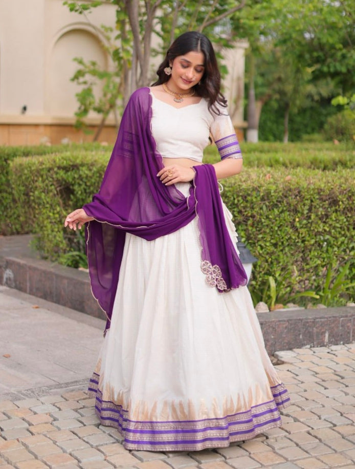 Purple Pure Viscose Jacquard Checks With Zari Temple Weaving Work Navratri Lehenga Choli