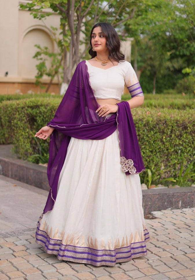Purple Pure Viscose Jacquard Checks With Zari Temple Weaving Work Navratri Lehenga Choli