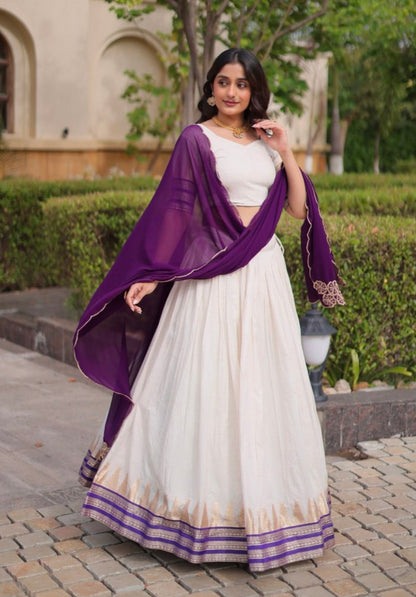 Purple Pure Viscose Jacquard Checks With Zari Temple Weaving Work Navratri Lehenga Choli