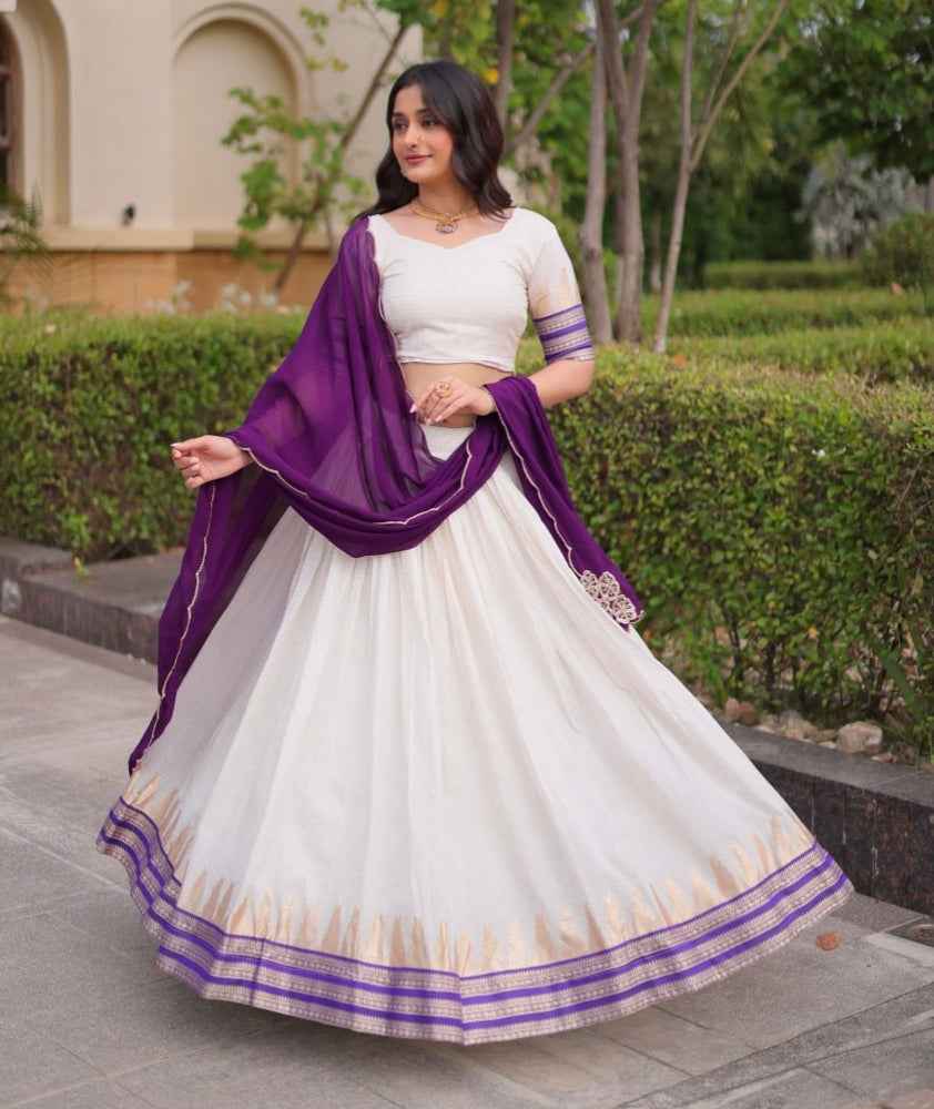 Purple Pure Viscose Jacquard Checks With Zari Temple Weaving Work Navratri Lehenga Choli